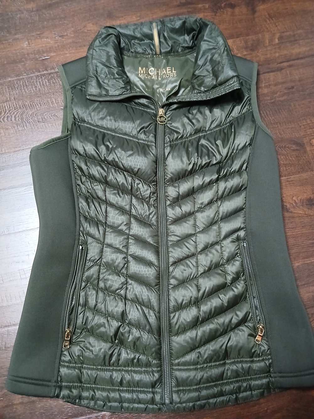 Michael Kors Quilted Down Full Zip Vest Green Gold Hardware Pockets Women’s M